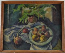 Oil or acrylic on canvas still life study of onions in a bowl, 40 x 50cm, in wooden frame