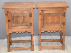 Pair of oak linen fold pot cupboards, W53 x D35 x H83cm