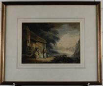 J Fryer (1808) painting of the Upper Severn, possibly Wales, showing a family with a dog outside a
