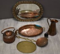 Eastern copper, brass and white metal mirror, 56 x 41cm, twin handled copper tray, kettle, jugs etc