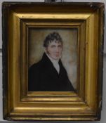 19thC portrait miniature on ivory of a gentleman in period period dress, 8.5 x 6.5cm, in moulded