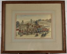 Hermione Hammond (1910-2005) watercolour of swing boats, funfair and figures entitled verso '