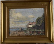 Early 20thC impressionist oil on board coastal landscape with beached boat by a cottage, possibly