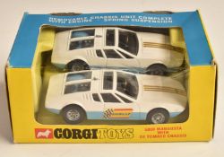 Two Corgi Toys diecast model 5000 Mangusta with De Tomaso Chassis and spring suspension cars, one in