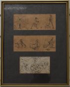 Alfred Munnings framed set of three sketches, the top two forming cartoon type strips, the lower