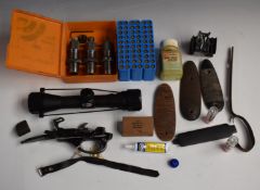 A collection of gun and shooting parts and accessories including SMK 4x32 scope, butt plates, snap-