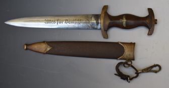 German Nazi Third Reich SA dagger with NRH to crosspiece, 'Alles Fur Deutschland' to 22cm blade, Axt