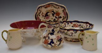 Masons Mandalay pedestal bowl, jug, Coalport dish, Belleek jugs etc., largest diameter 28cm
