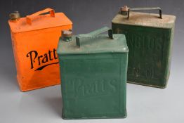 Three vintage two gallon petrol cans, comprising two Pratts both dated 1927 to base and an Anglo's