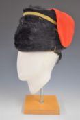British Army Royal Gloucestershire Hussars fur busby retaining yellow cord line and scarlet bag,