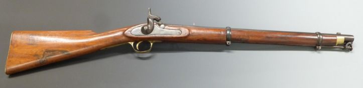 Enfield pattern two band percussion hammer action Cavalry carbine rifle with brass trigger guard,