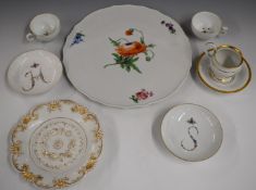 Continental porcelain including a Meissen cake plate, cups, saucers and relief moulded plate with