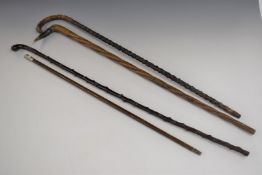 Walking stick, the spiral shaft with horn handle, the neck engraved F Cowdrey, Made by Prisoner of