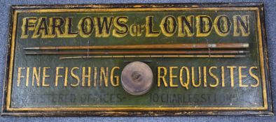 Farlows of London hand painted wooden shop display or advertising sign 'Fine Fishing Requisites -