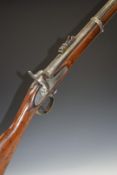 Enfield pattern three band 16 bore percussion hammer action gun with lock stamped with crown over '