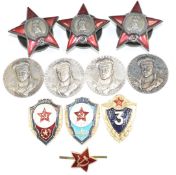 Four white metal German 'Red Baron' commemorative medals/coins together with three replica Soviet