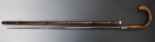 Thomas Brigg & Sons swordstick with 74cm thickened diamond blade engraved 'T Brigg & Sons 23 St