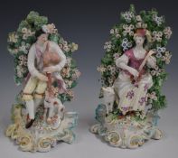Pair of Derby 19thC porcelain figures of musicians, H19cm