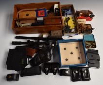 A collection of gun and shooting parts and accessories including wooden Parker-Hale cartridge