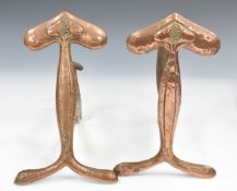 Pair of copper Art Nouveau or Arts and Crafts fire dogs, height 31cm