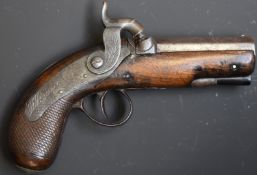Percussion hammer action overcoat pistol with engraved lock marked Holland, engraved hammer,