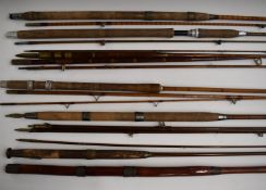 Collection of vintage cane/split cane fishing rods including Hardy, Sealey Octopus and Harry