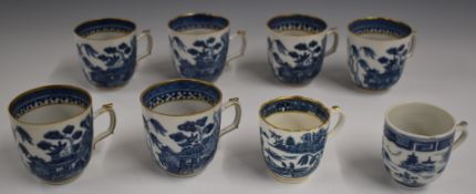 A collection of 18th/19thC porcelain blue and white tea and coffee cups including Worcester,