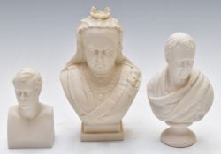 Two Goss Parianware busts of Queen Victoria and a classical figure and a Copeland bust of Burns,