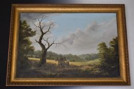 Oil on canvas 19thC style landscape with figure on horseback, initialled JRW lower right 60 x 91cm