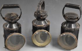 Three British Railways tri colour railway hand lamps, each stamped BR, height 28.5cm