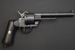 Spanish 11mm six-shot single-action pin-fire revolver with frame stamped 'Oviedo 1870' shaped wooden