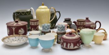 Wedgwood harlequin tea set and a quantity of Jasperware including wine/burgundy ground examples,