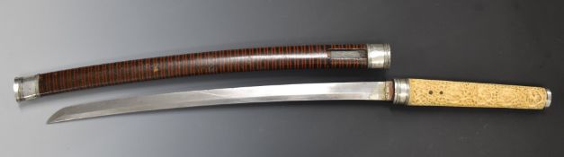 Japanese Samurai sword with ornately carved ivory handle, 54cm curved blade and scabbard. PLEASE
