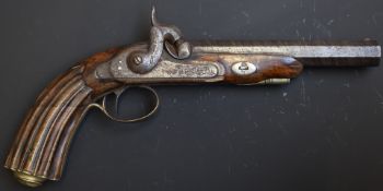 Percussion hammer action pistol with engraved lock, trigger guard, top plate, butt cap and mounts,