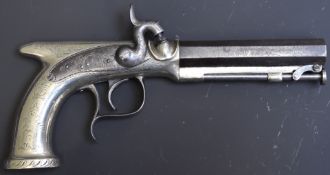 English all metal saw-handle percussion hammer action pistol with engraved white metal body, storage