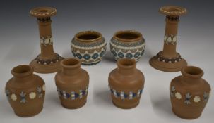 Four pairs of Royal Doulton Silicon Ware vases and candlesticks, tallest 16cm