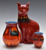 Poole Pottery cat and two vases, tallest 29cm