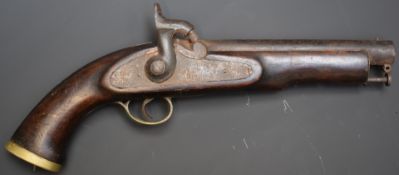 Enfield percussion hammer action pistol with lock stamped '1858 Enfield' brass trigger guard and