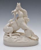 Parianware figure of a stag and Deerhound, possibly Copeland or Minton, H28cm