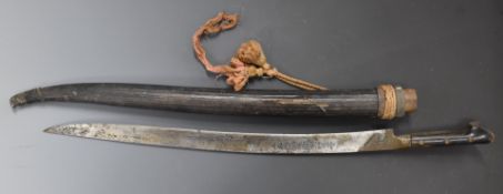 Persian short sword with part decorated 48cm blade, scabbard and knot. PLEASE NOTE ALL BLADED