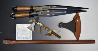 Two display swords, both with 50cm blades, replica throwing axe with cover and a 'Season of the