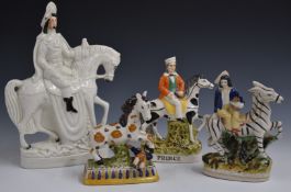Four Staffordshire figures including mounted zebra, skewbald trampling a figure etc, tallest 34cm