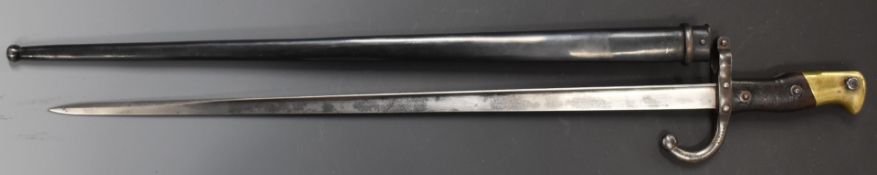 French 1874 pattern Gras bayonet, 1879 manufacture date to T form 52cm blade, with scabbard.