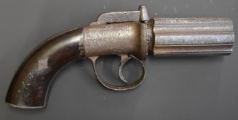 Unnamed six-shot bar hammer action pepperbox revolver with shaped wooden grips and 3 inch barrels,