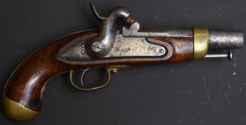 French Gendarmerie percussion hammer action pistol with brass trigger guard and mounts, lock stamped