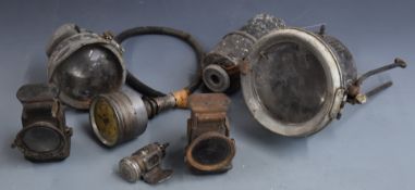 Cowey 60mph vintage motorcycle speedometer with cable, together with various motorcycle lamps