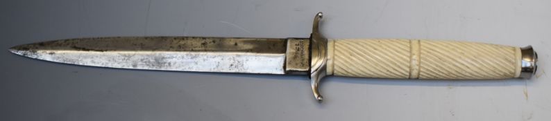 Knife by M Price of San Francisco with 14cm double edged blade and ivory grip. PLEASE NOTE ALL