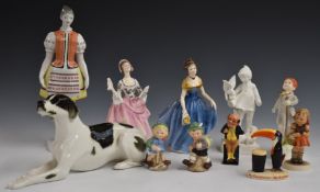 A collection of porcelain figures including Hollohaza, Lomonosov, Royal Doulton, Goebel, Carltonware