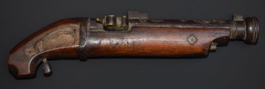 Japanese matchlock pistol with engraved decoration of a dragon with gilt eyes to the 5.5 inch smooth