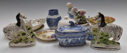 Staffordshire pair of zebra, Copeland Italian pattern ceramics, Coalport, Royal Doulton, Derby